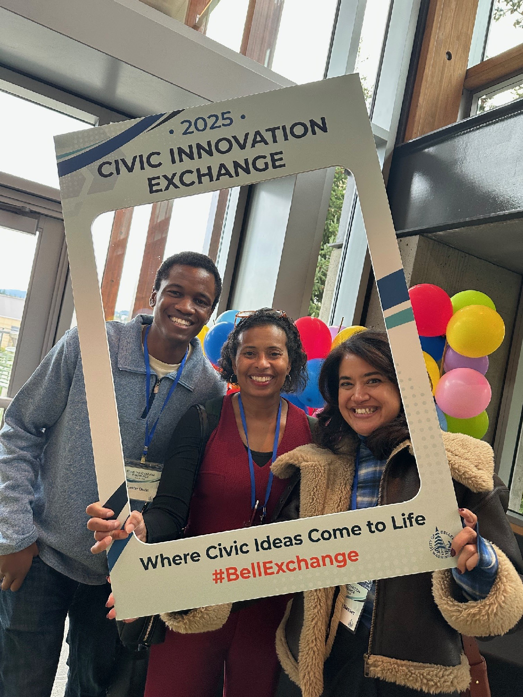 Attendees at the First Civic Innovation Exchange pose in the Selfie Station.